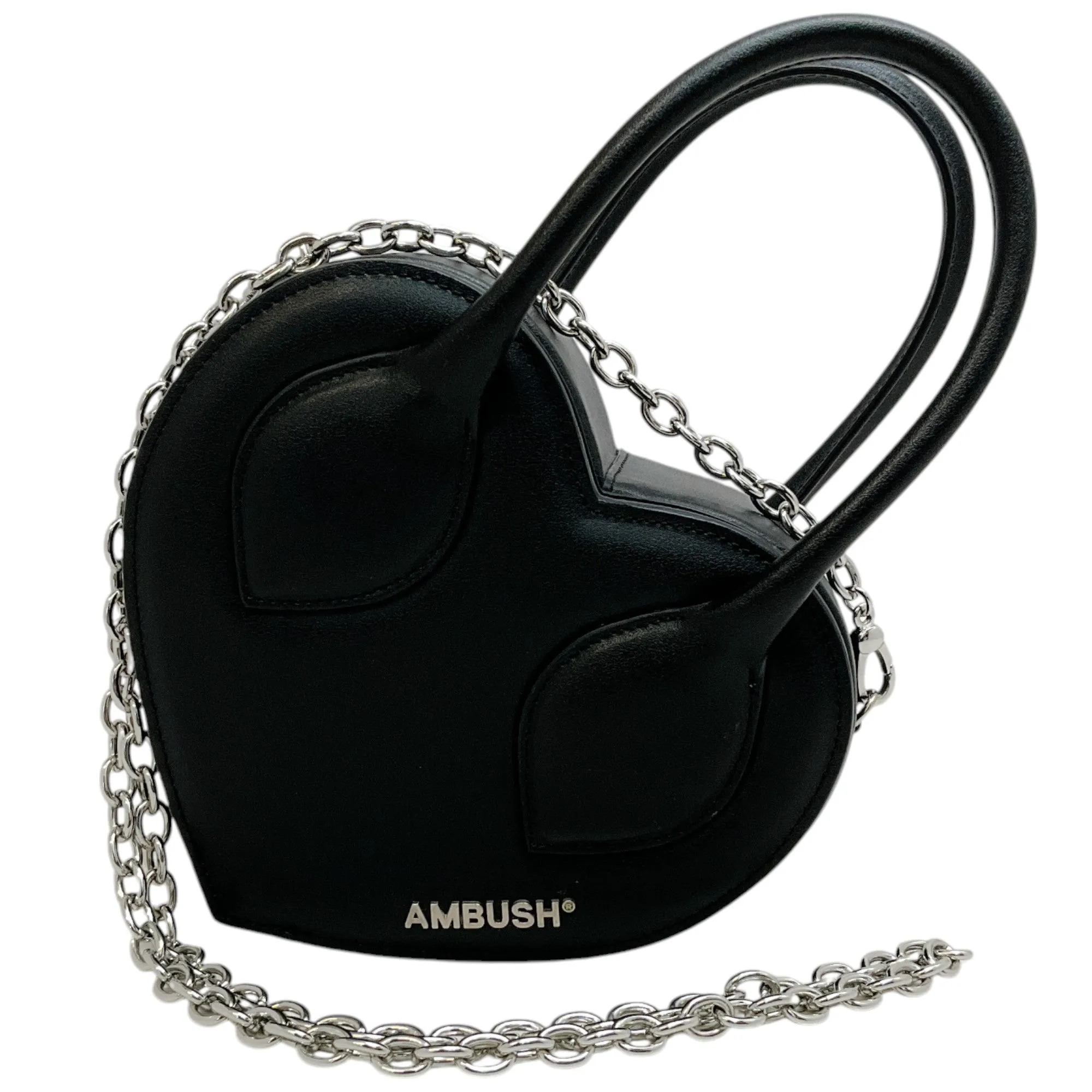Ambush Black Leather Heart Bag with Silver Chain Strap