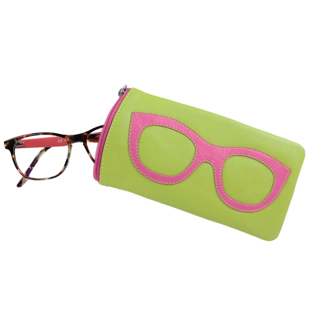 ILI New York Leather Eyeglass Case Zippered Glasses Wallet Pear Green Pink NEW
